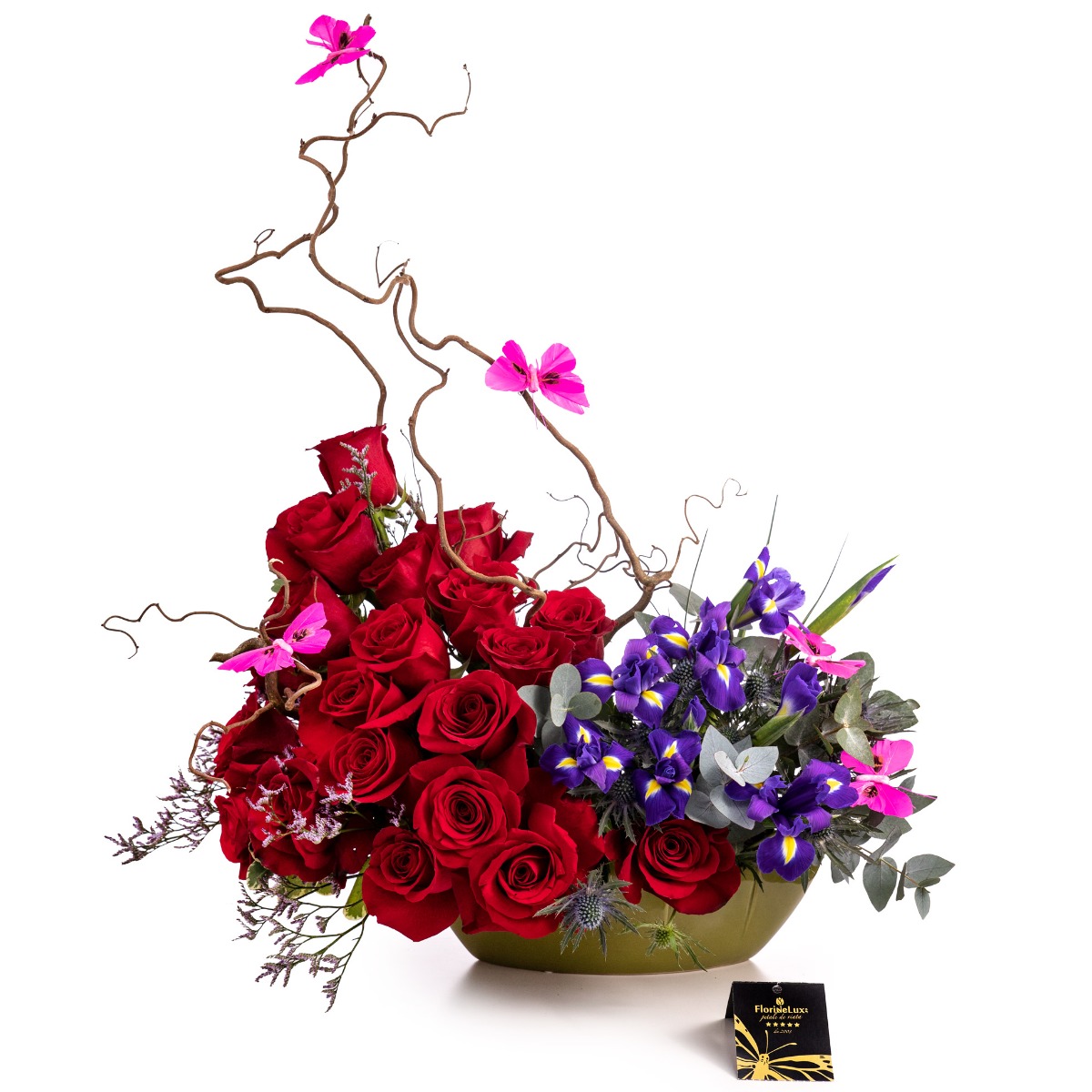 Aranjament cu trandafiri rosii si iris-Standard