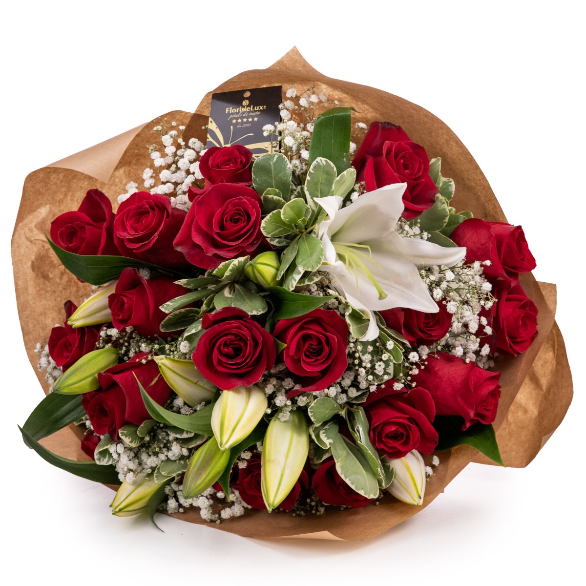 Buchet pasional cu trandafiri rosii si crini imperiali-Premium