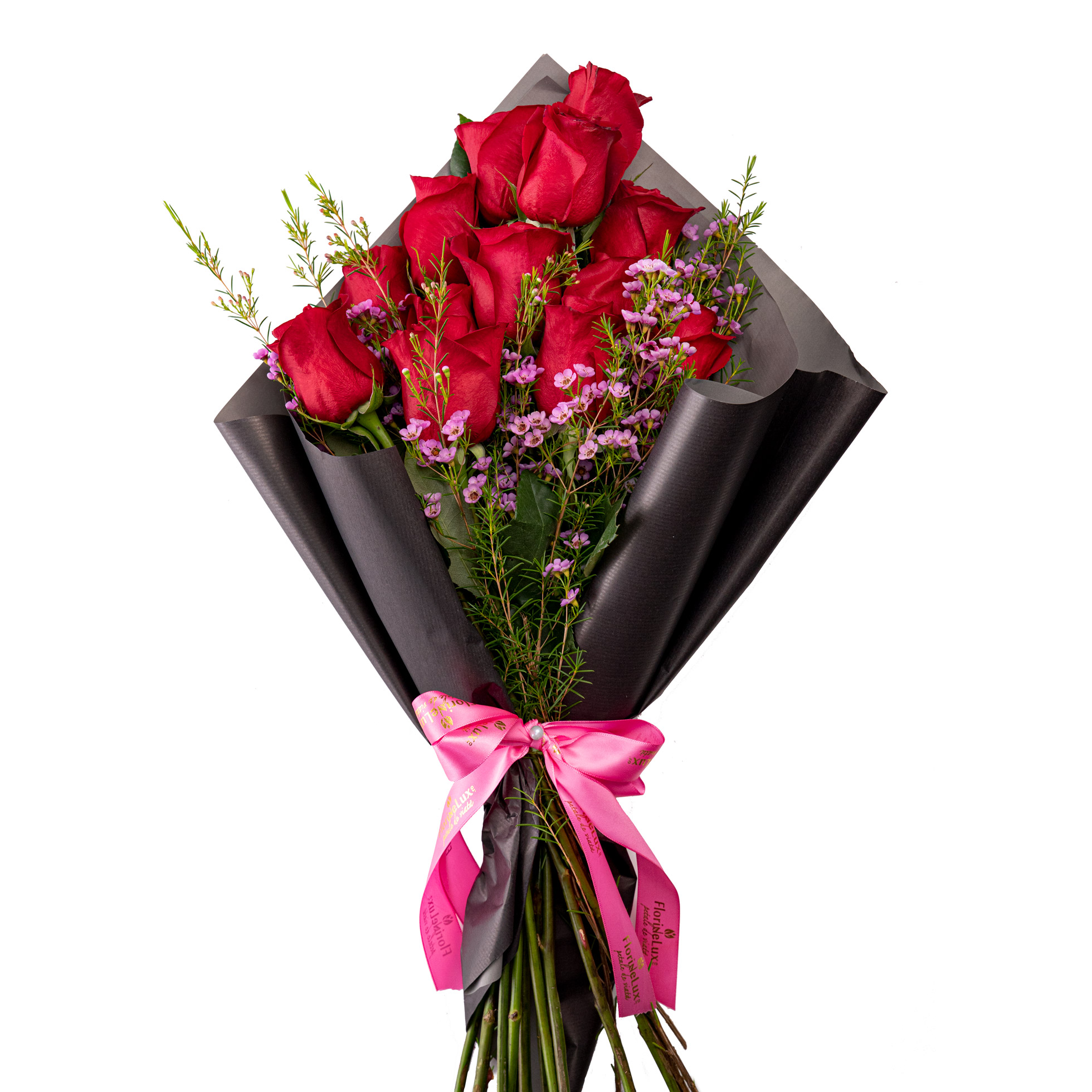 Buchet trandafiri rosii si chamelaucium roz-Premium