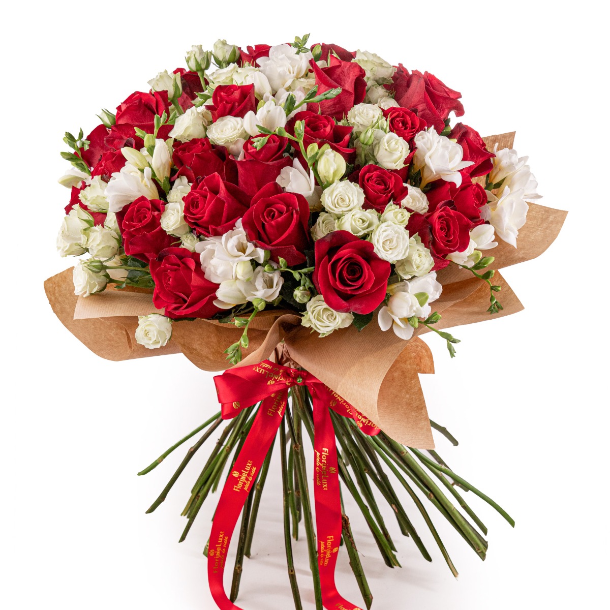 Buchet trandafiri rosii si frezii albe-premium