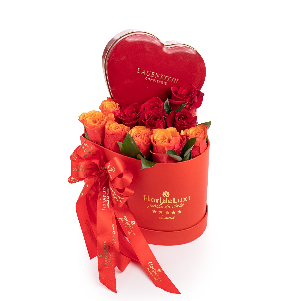 Cutie inima cu trandafiri si ciocolata premium-Premium