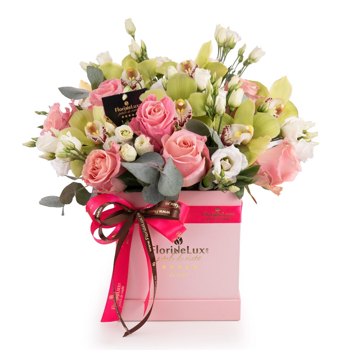 Cutie roz cu trandafiri si eustoma -Premium